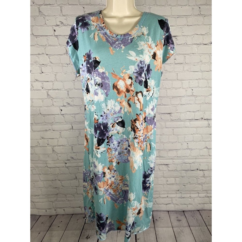 VTG Awesome Wear Blue Floral Pullover Short Sleeve T Shirt Dress XXL